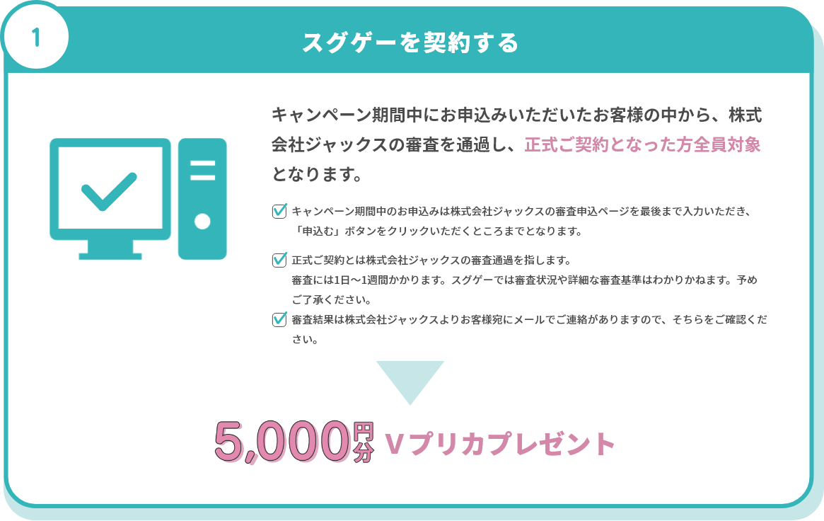 キャンペーン期間中にお申込みいただき正式ご契約となった方全員に5,000円分Vプリカプレゼント